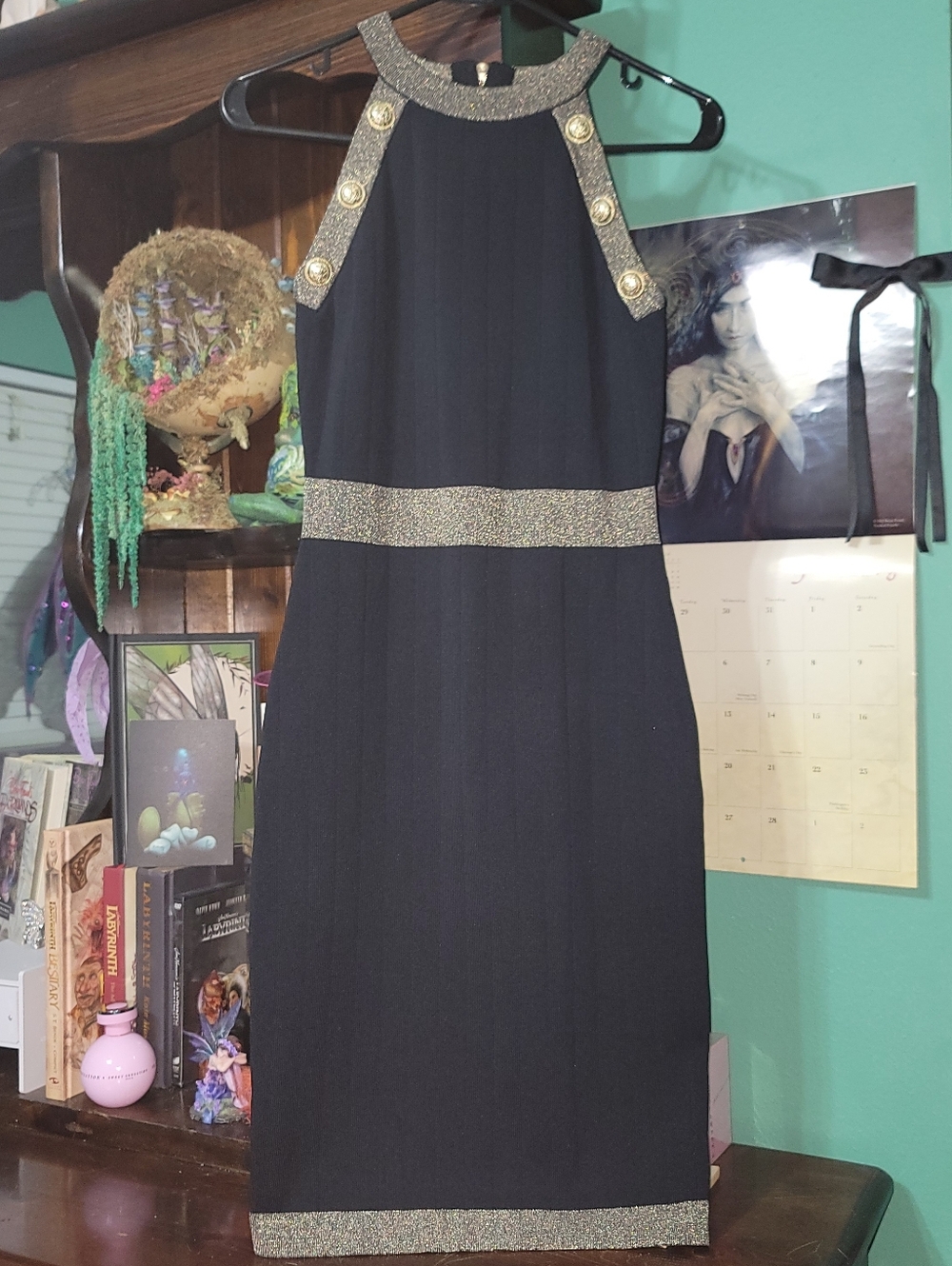 Black Knit Halter Dress With Gold Buttons And Metallic Lurex Trims - Picture 11 of 11